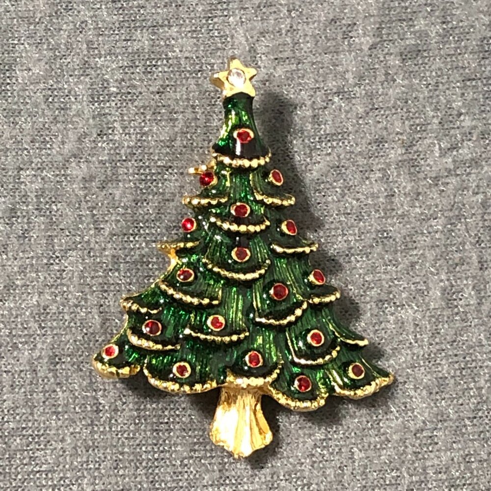 Vintage Christmas Tree Gold Green Red Brooch Pin